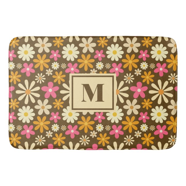 Chic Retro 70s Groovy Hippie Flower Monogram Badrumsmatta (Framsidan)