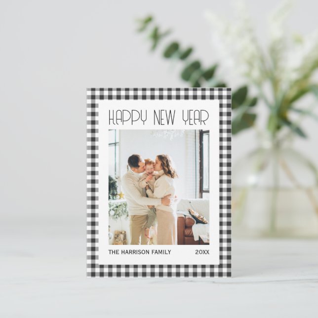 Chic Retro Black Gingham Play New Year Photo Vykort (Stående Fram)