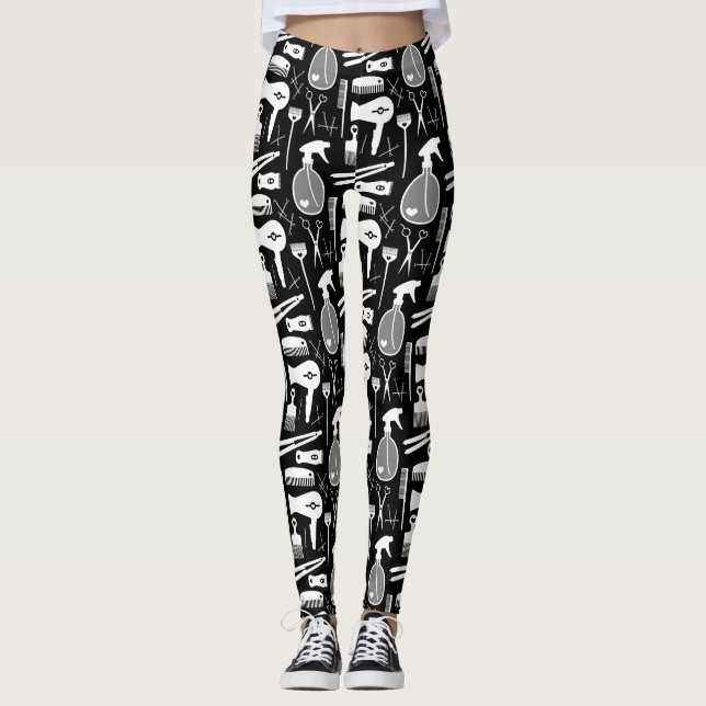 Chic Retro Black & White Hair Salon Verktyg Mönste Leggings (Framsida)
