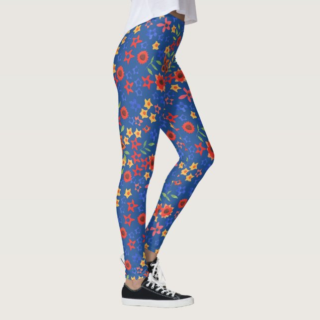 Chic Retro Blommig Oma-tryck på Royalblått Leggings (Höger)