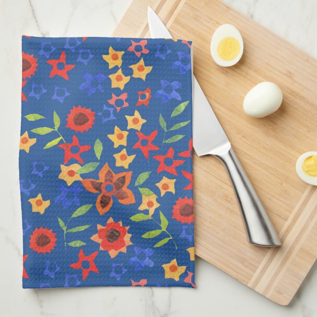 Chic Retro Blommigt Miniprint on Blue Kitchen Towe Kökshandduk (Vikt i Fjärdedel)