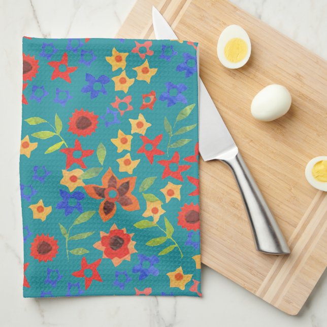 Chic Retro Blommigt Miniprint on Teal Kitchen Towe Kökshandduk (Vikt i Fjärdedel)