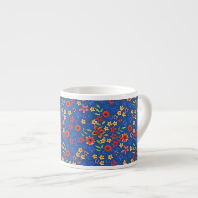 Chic Retro Blommönster på Blå Espresso Kopp Espressomugg (Framsida höger)