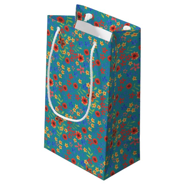 Chic Retro Ditsy Blommigt på Teal Small Gift Bag (Baksidan Vinklad)