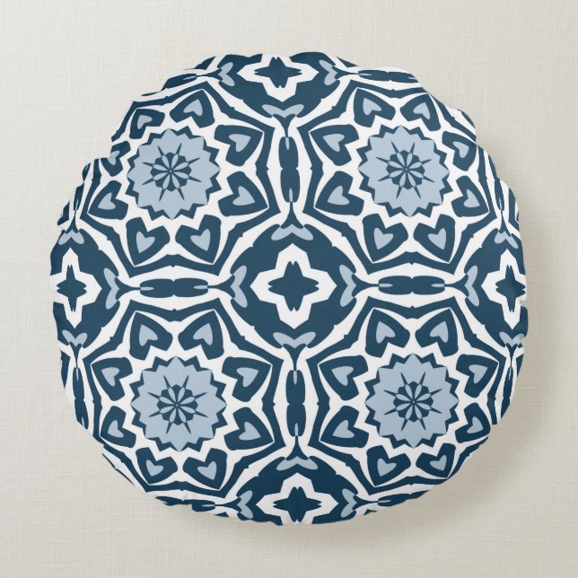 Chic Retro Dutch Delfts Blue Mosaic Mönster Rund Kudde (Framsidan)