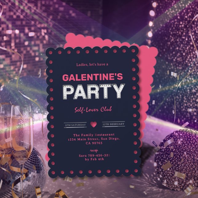 Chic Retro Fold Rosa Navy Blue Galentine's Party Inbjudningar (Chic Retro Bold Pink Navy Blue Galentine's Party Invitation)