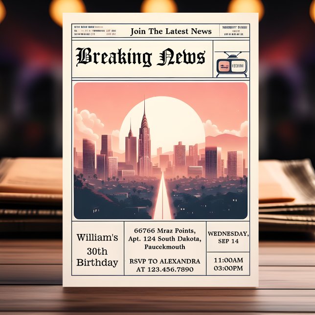 Chic Retro manar Vuxen Newspaper 30års födelsedag Inbjudningar (Skapare uppladdad)