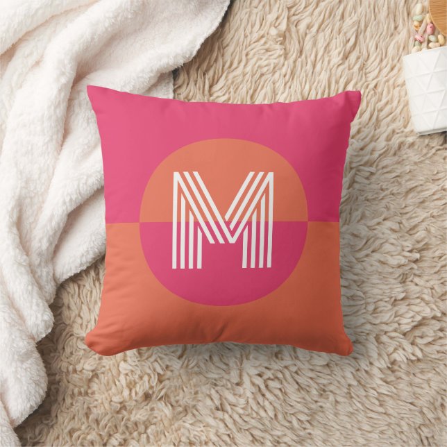 Chic Retro Orange Rosa Geometrisk Modern Monogram Kudde (Filt)