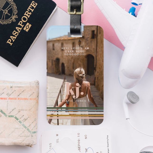 Chic Retro Rand Monogram och foto Bagagebricka (Skapare uppladdad)