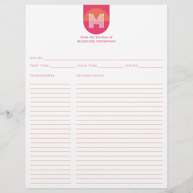 Chic Retro Rosa Orange Geometric Monogram Recipe (Framsida)