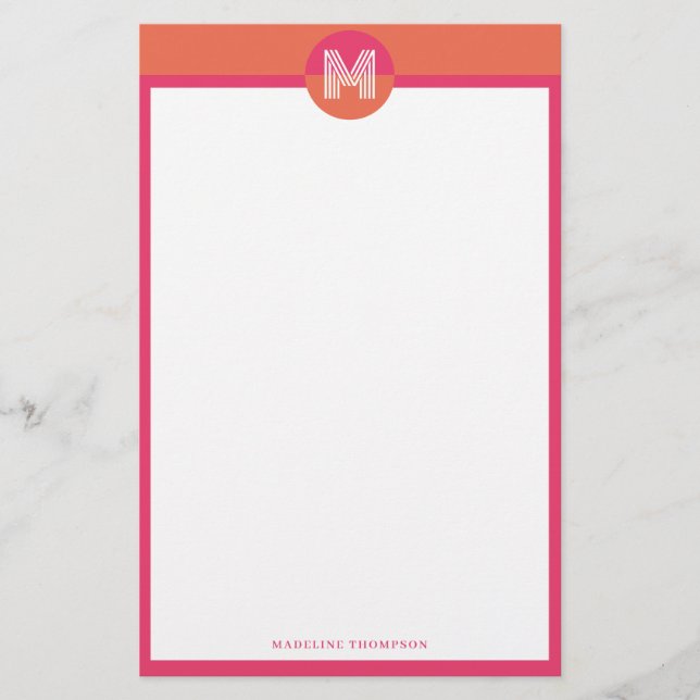 Chic Retro Rosa Orange Geometrisk Modern Monogram Brevpapper (Framsida)
