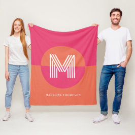 Chic Retro Rosa Orange Geometrisk Modern Monogram Fleecefilt