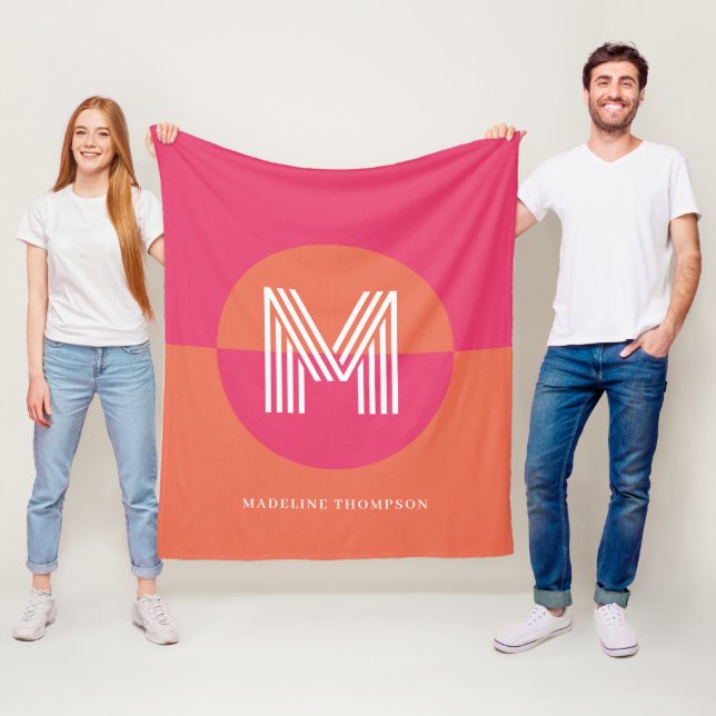 Chic Retro Rosa Orange Geometrisk Modern Monogram Fleecefilt (På plats)