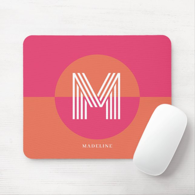 Chic Retro Rosa Orange Geometrisk Modern Monogram Musmatta (Med mus)