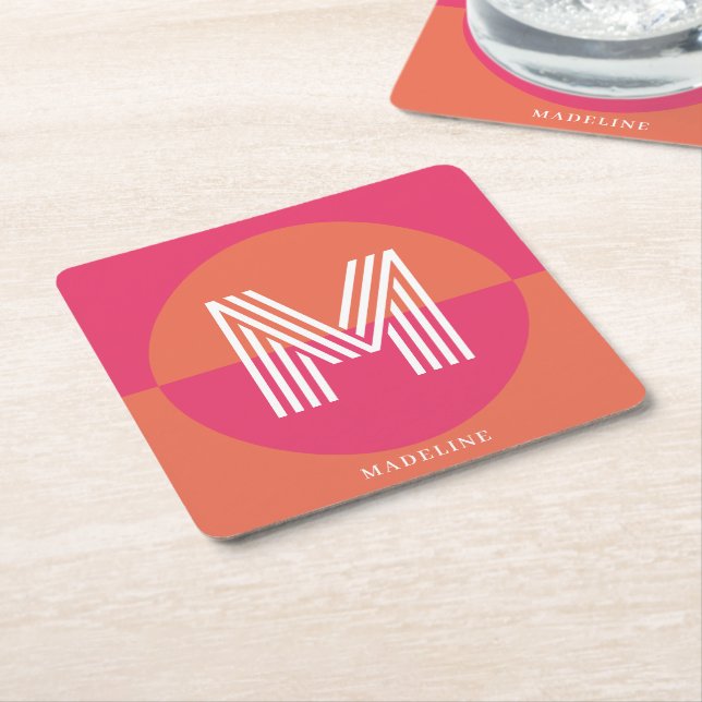 Chic Retro Rosa Orange Geometrisk Modern Monogram Underlägg Papper Kvadrat (Vinklad)