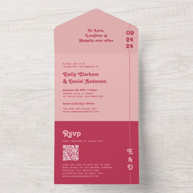 Chic Retro Rosa &  QR-kod Bröllop (Insida)
