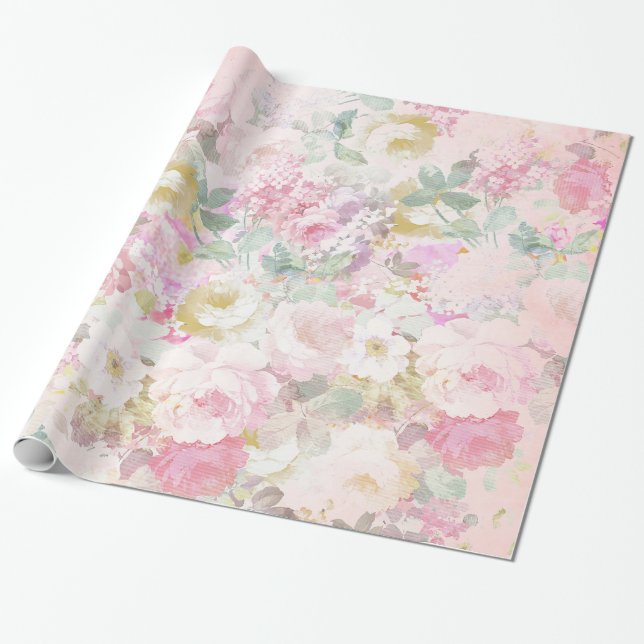Chic retro rosa vitvattenfärgblommönster presentpapper (Utrullad)