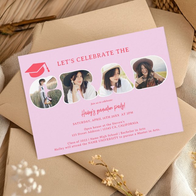 Chic Retro shock rosa 3-fotoskript studenten Inbjudningar (Chic Retro hot pink 3 photos script graduation Invitation)
