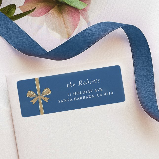 Chic Ribbon Bow Blue & Cream jul Adress Returadress Etikett (elegant ribbon and bow blue Christmas return address labels)