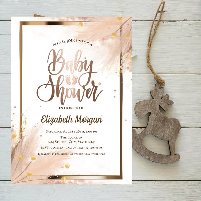 Chic Ro Baby Guld fotnoter Pampas Baby Shower Inbjudningar (Skapare uppladdad)