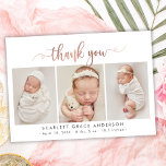 Chic Ro Baby Photo Collage Tack med Guld-skript Vykort<br><div class="desc">Modern Elegant Chic Ro Guld Script 3 Photo Collage Newborn Baby Tack Birth Notification Postcard. Har en söt "tack"-text i en handskriven kalligrafi som snabbt byter ut svan-typsnittet i rosa ros FAUX-fotskript i guld mot vit bakgrund. I förväg framtagna personliga budskap och födelsestatistik med baby namn ingår. Underbar för flicka....</div>