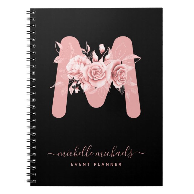 Chic Ro Black Blommigt Watercolor Monogram Anteckningsbok (Framsidan)