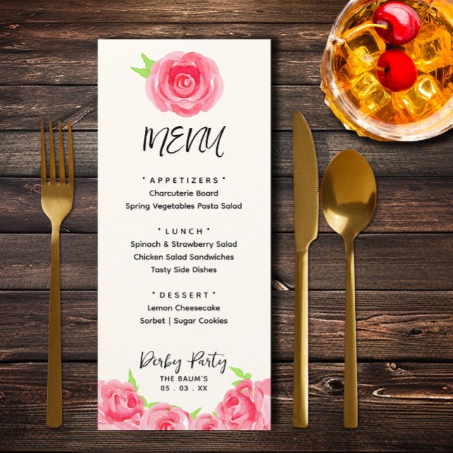 Chic Ro Blommigt Derby Day Party Meny (Chic watercolor roses floral Derby Day party menus)
