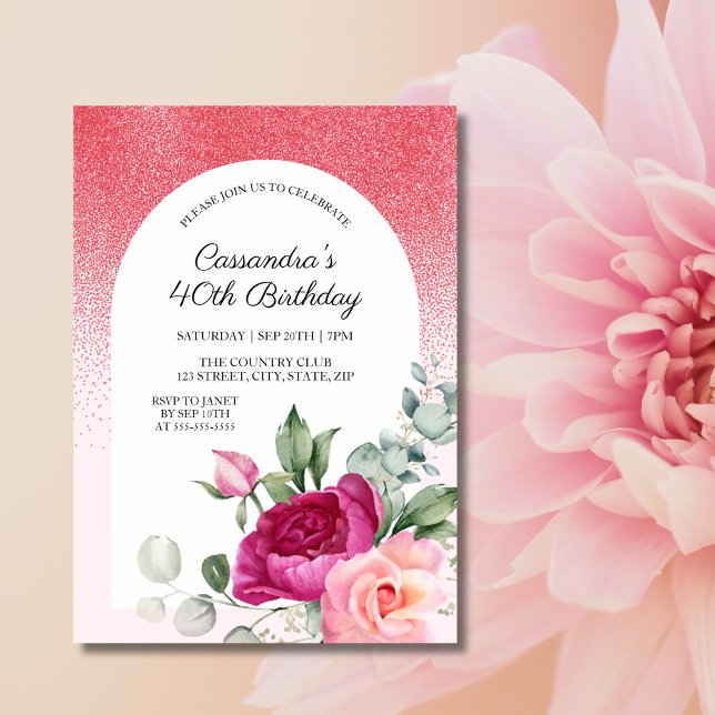 Chic Ro Blommigt Red Glitter födelsedag Inbjudningar (Skapare uppladdad)