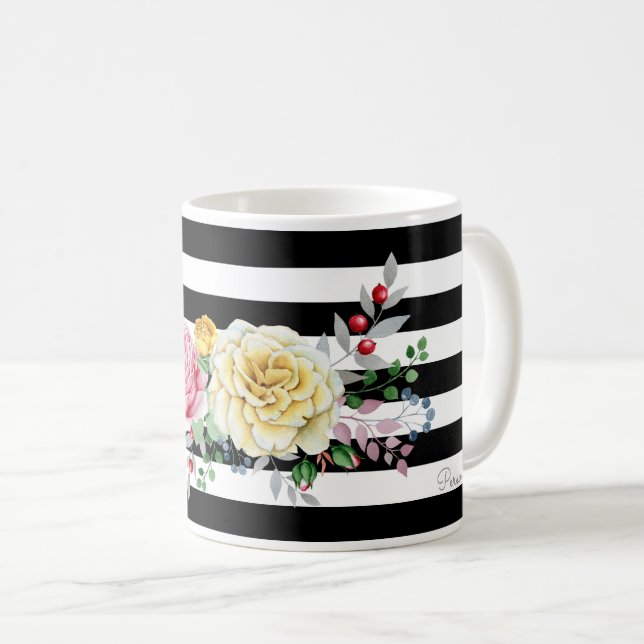 Chic Ro Blommigt Trendig Black Rand och Namn Kaffemugg (Framsida höger)