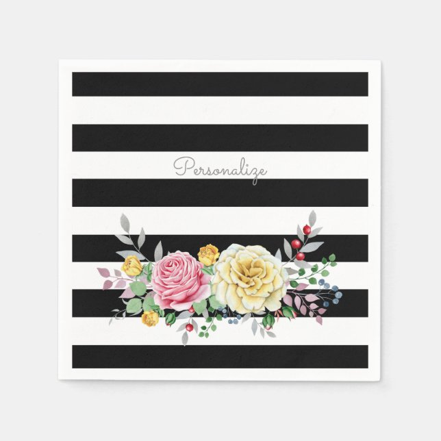 Chic Ro Blommigt Trendig Black Rand och Namn Pappersservett (Framsidan)