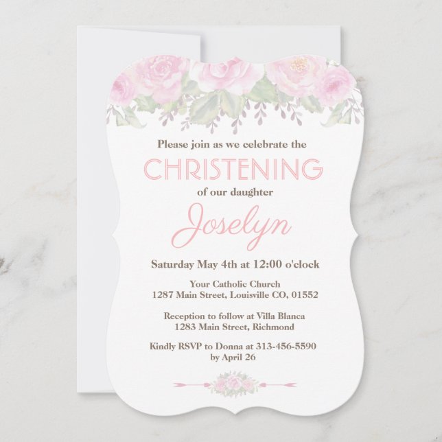 Chic  Ro Garden Blommigt Baptism Inbjudan (Framsida)