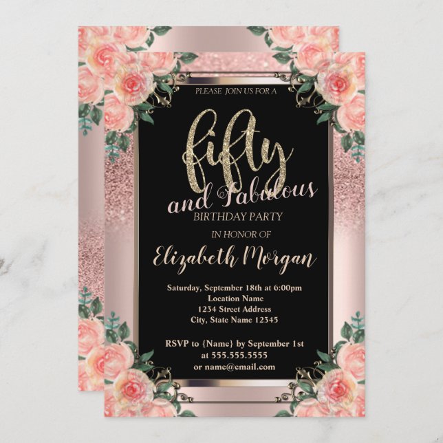 Chic Ro Glitter-blommor, 50:e Födelsedagsfesten Inbjudningar (Fram/baksida)