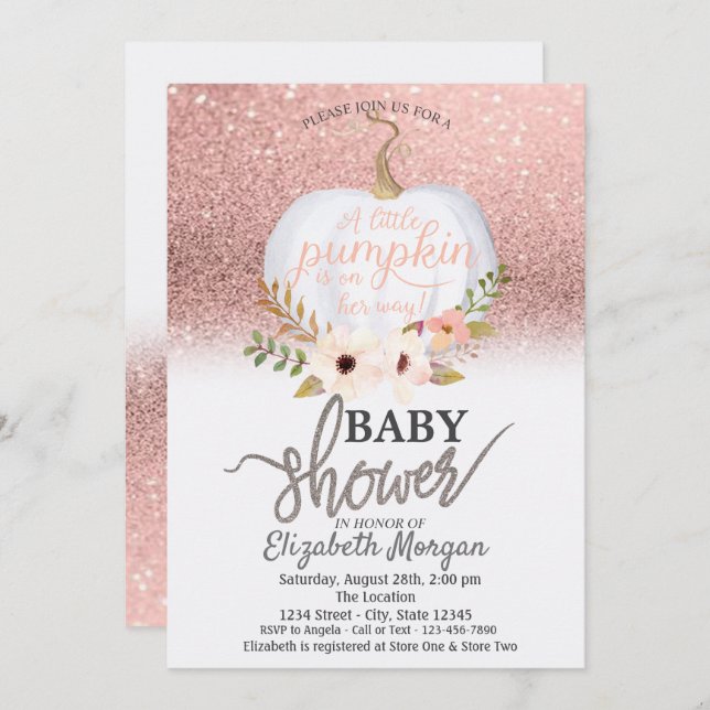 Chic Ro Glitter Bokeh, Pumpkin Baby Shower Inbjudningar (Fram/baksida)