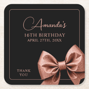 Chic Ro Glitter Bow Sweet 16 Birthday Underlägg Papper Kvadrat