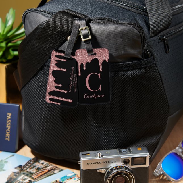 Chic Ro Glitter driver Monogram på svart Guld på s Bagagebricka (Fram & Baksida)