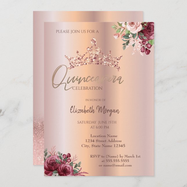 Chic Ro Glitter Flowers Krona Quinceañera Inbjudningar (Fram/baksida)