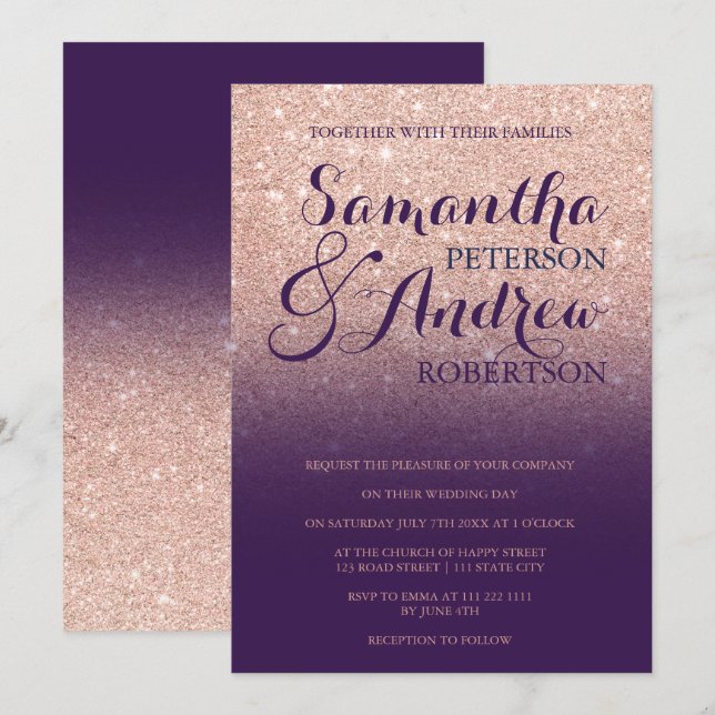 Chic ro glitter lila av druvor från guld i bröllop inbjudningar (Fram/baksida)