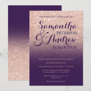 Chic ro glitter lila av druvor från guld i bröllop inbjudningar