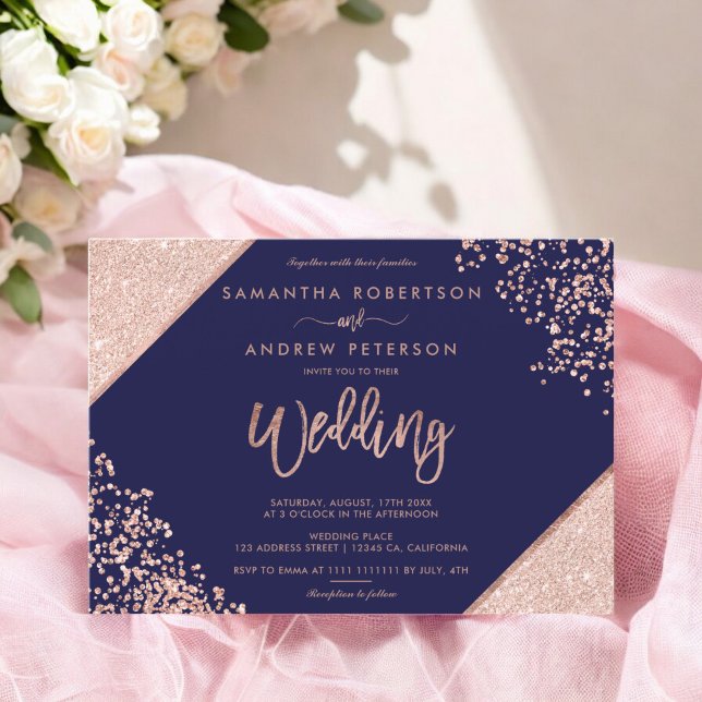 Chic Ro glitter, marinblått bröllop Inbjudningar (Chic Rose gold glitter confetti navy blue wedding Invitation)