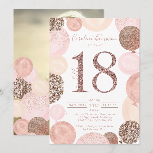 Chic ro glitter rosa-ballongfoto 18:e inbjudningar (Fram/baksida)