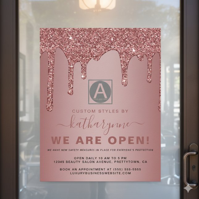 Chic Ro Gnistra Guld Glitter Drives Business Open Poster (Chic Rose Gold Sparkle Glitter Drips Business Open Poster with Digital Download Option)
