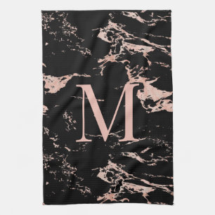 Chic Ro Gold Foil Black Marble Monogram Kökshandduk