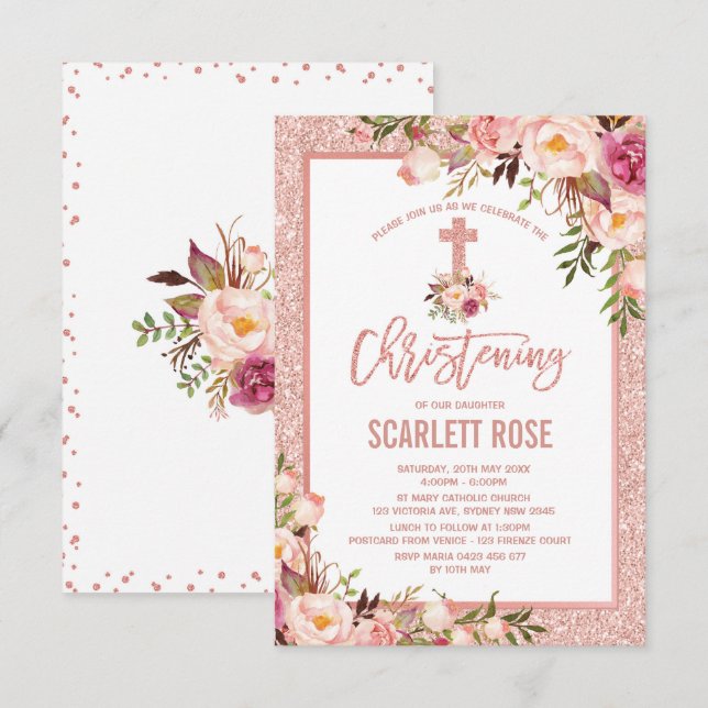 Chic Ro Guld Blommigt Christening Flicka Inbjudningar (Fram/baksida)