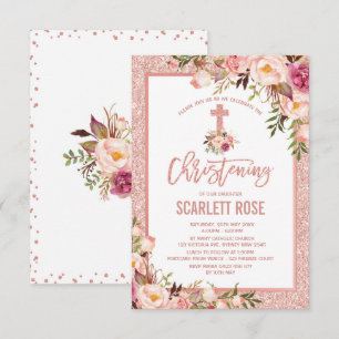 Chic Ro Guld Blommigt Christening Flicka Inbjudningar