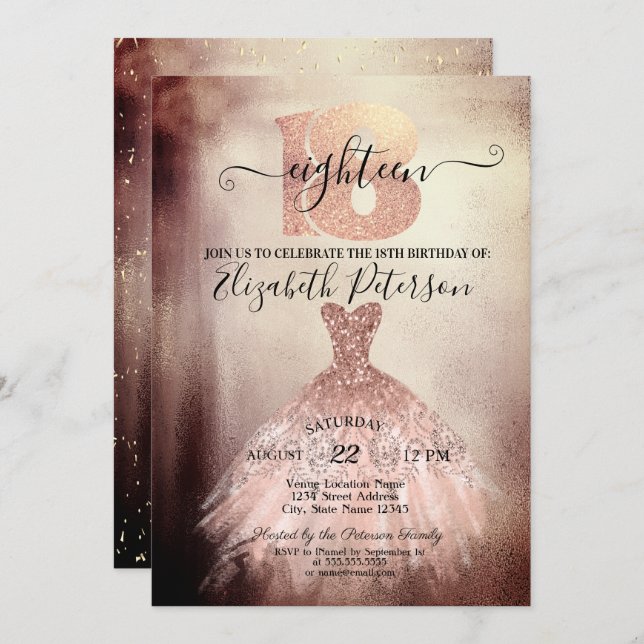 Chic Ro Guld Dress Confetti 18:e födelsedagen Inbjudningar (Fram/baksida)