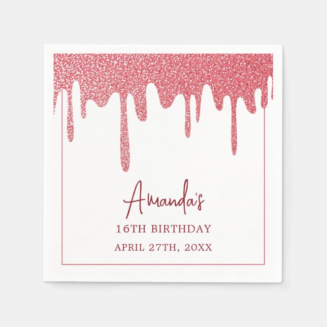 Chic Ro Guld Drip Glitter Sweet 16 Birthday Pappersservett (Framsidan)