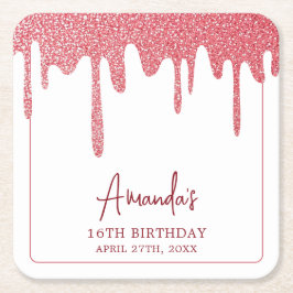 Chic Ro Guld Drip Glitter Sweet 16 Birthday Underlägg Papper Kvadrat