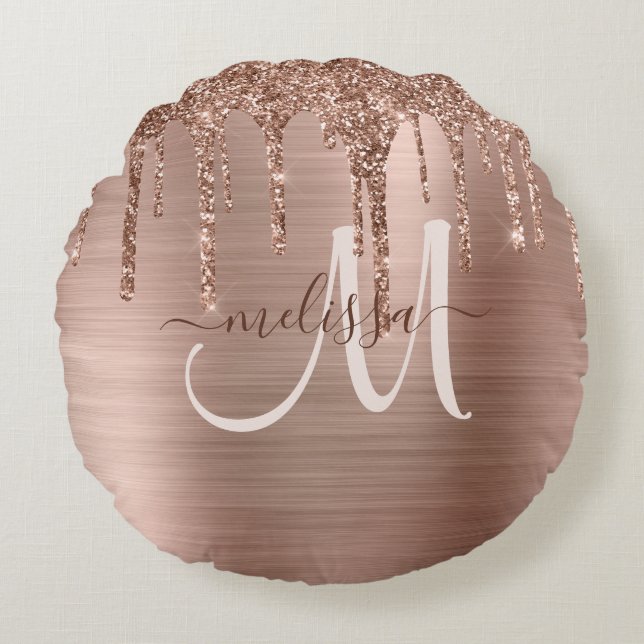 Chic Ro Guld Dripping Glitter Brushed Metall Glam  Rund Kudde (Framsidan)