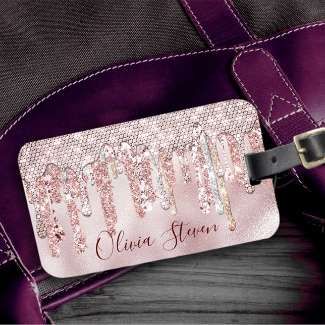 Chic ro  guld, glitter, droppar i monogram bagagebricka (Skapare uppladdad)