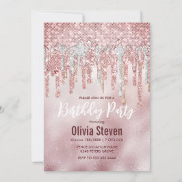 Chic ro  guld, glitter, droppar i monogram inbjudningar